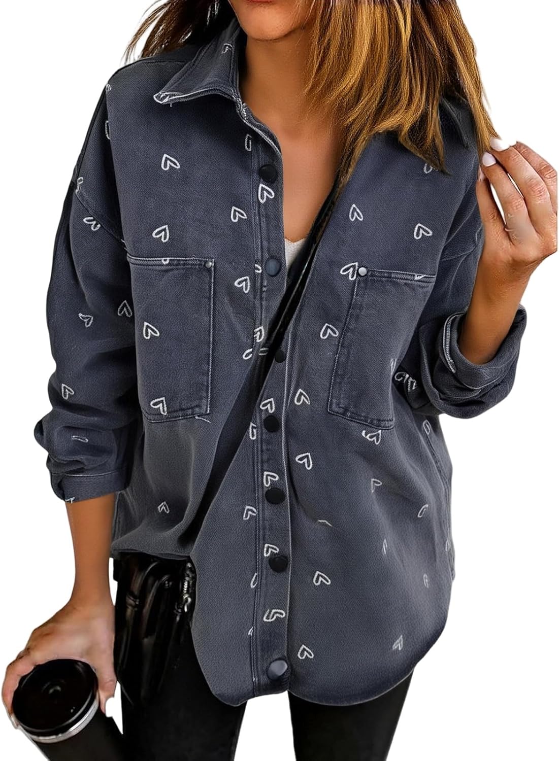 Weinexra Denim Jacket for Women Oversized Boyfriend Jean Jacket Button Up Frayed Hem Shacket Distressed Ripped Denim Jackets