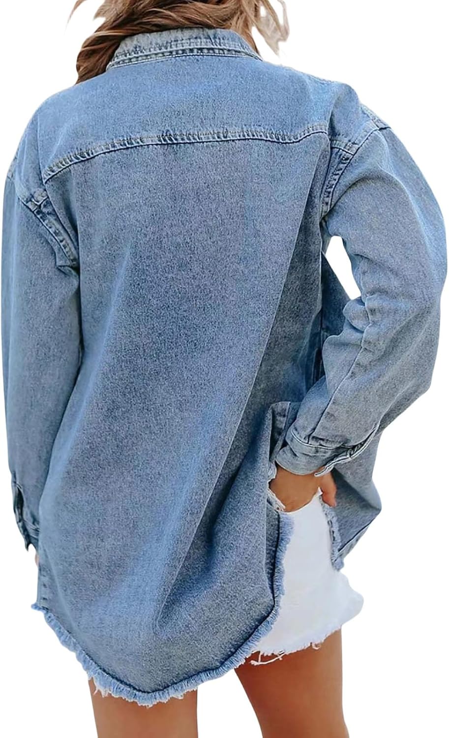 Weinexra Denim Jacket for Women Oversized Boyfriend Jean Jacket Button Up Frayed Hem Shacket Distressed Ripped Denim Jackets