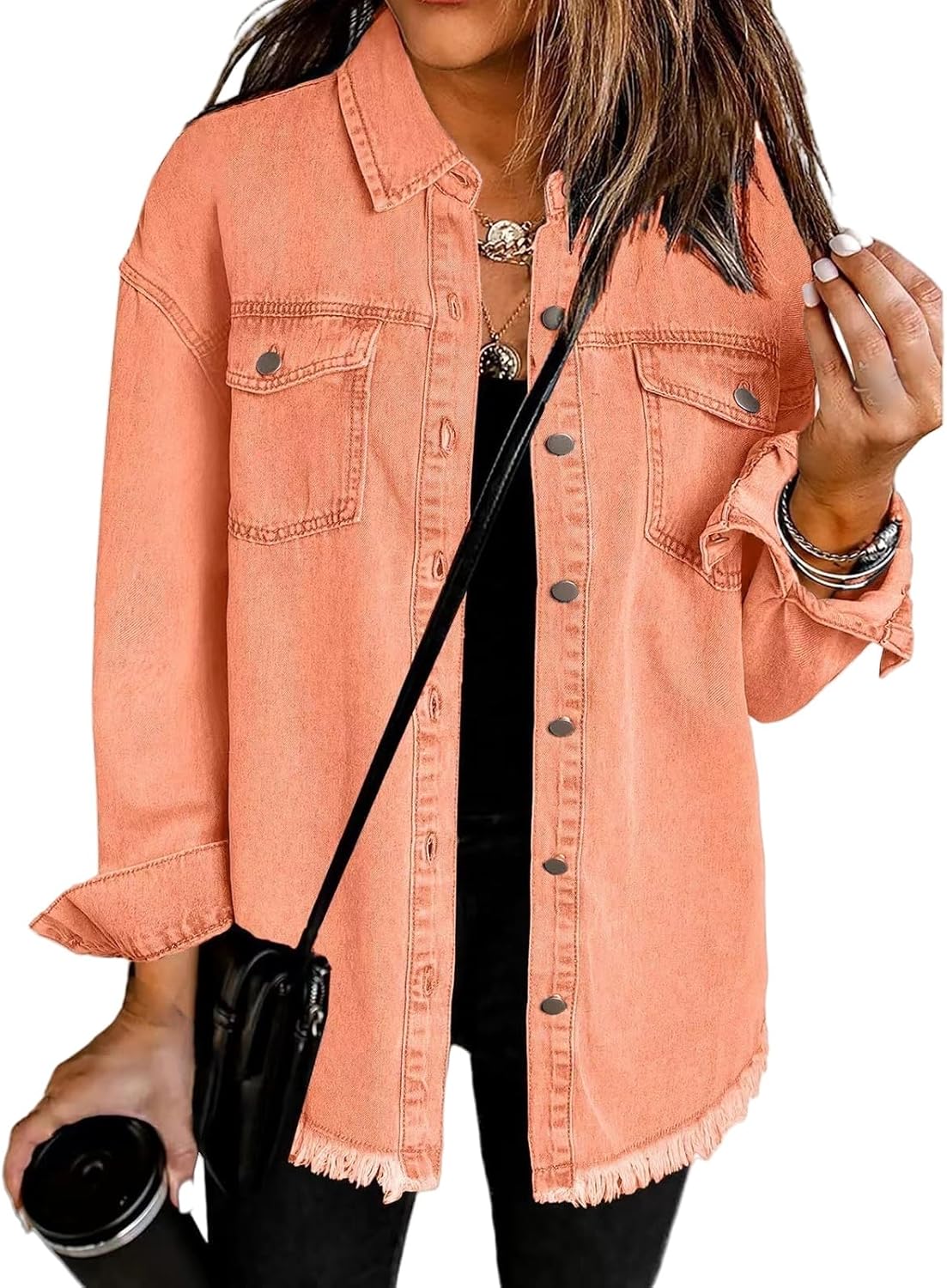 Weinexra Denim Jacket for Women Oversized Boyfriend Jean Jacket Button Up Frayed Hem Shacket Distressed Ripped Denim Jackets