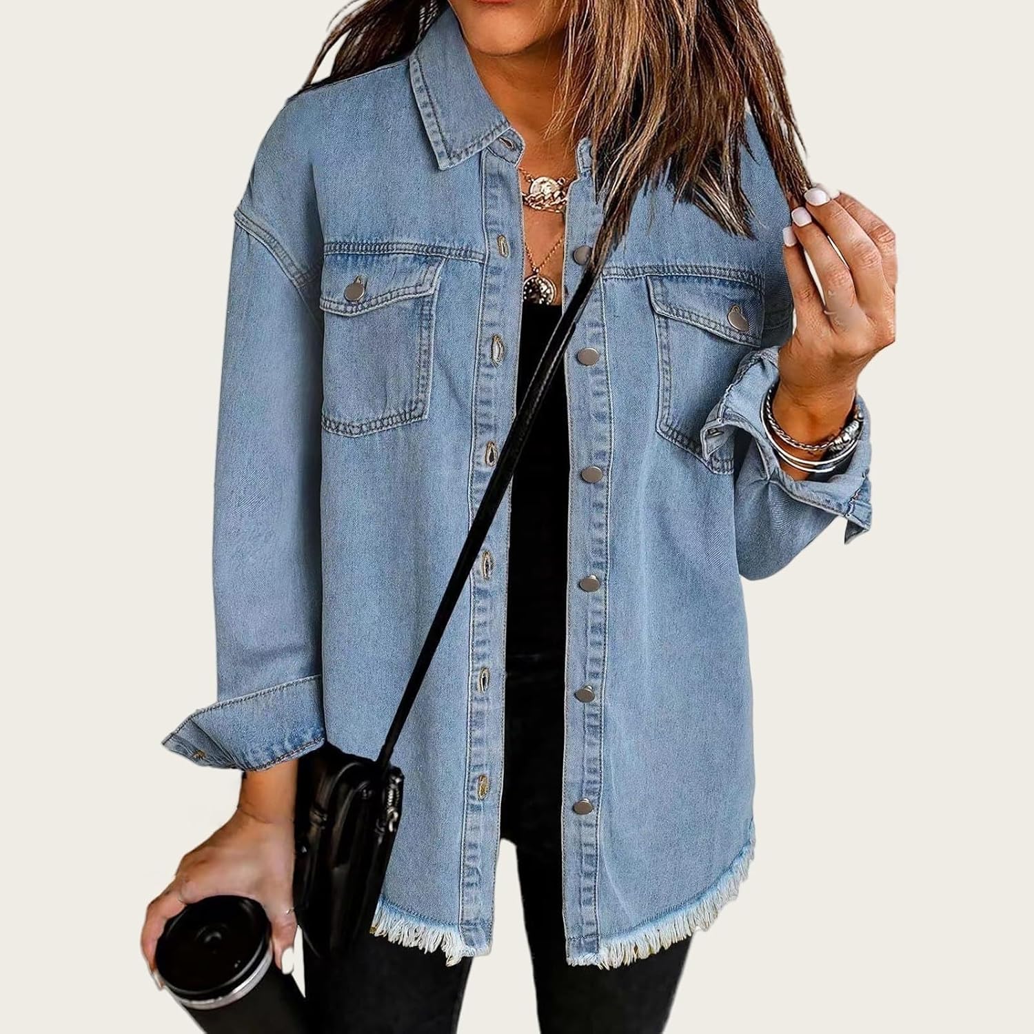 Weinexra Denim Jacket for Women Oversized Boyfriend Jean Jacket Button Up Frayed Hem Shacket Distressed Ripped Denim Jackets