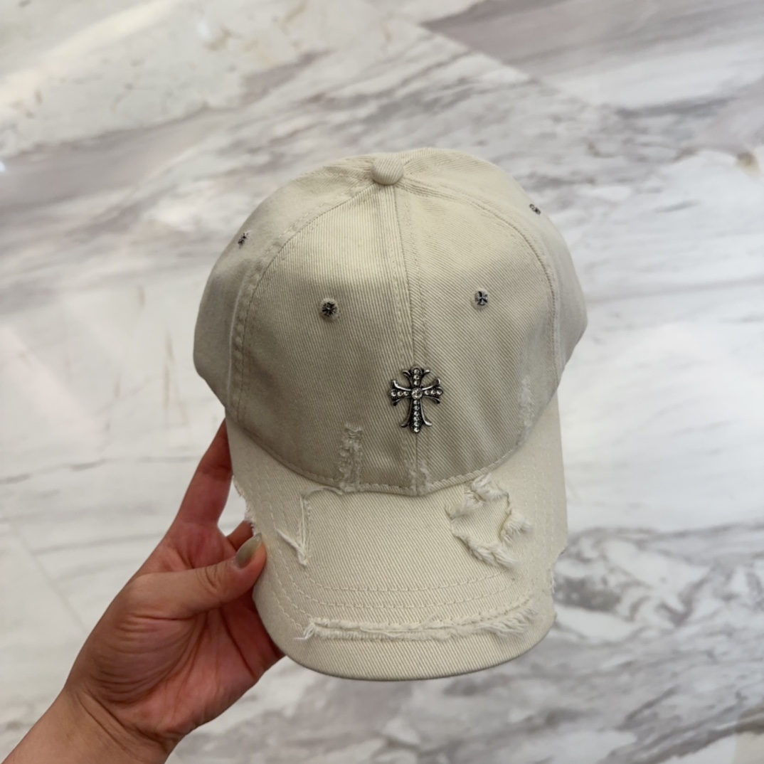 White Distressed Cap with Crystal Cross Embellishment