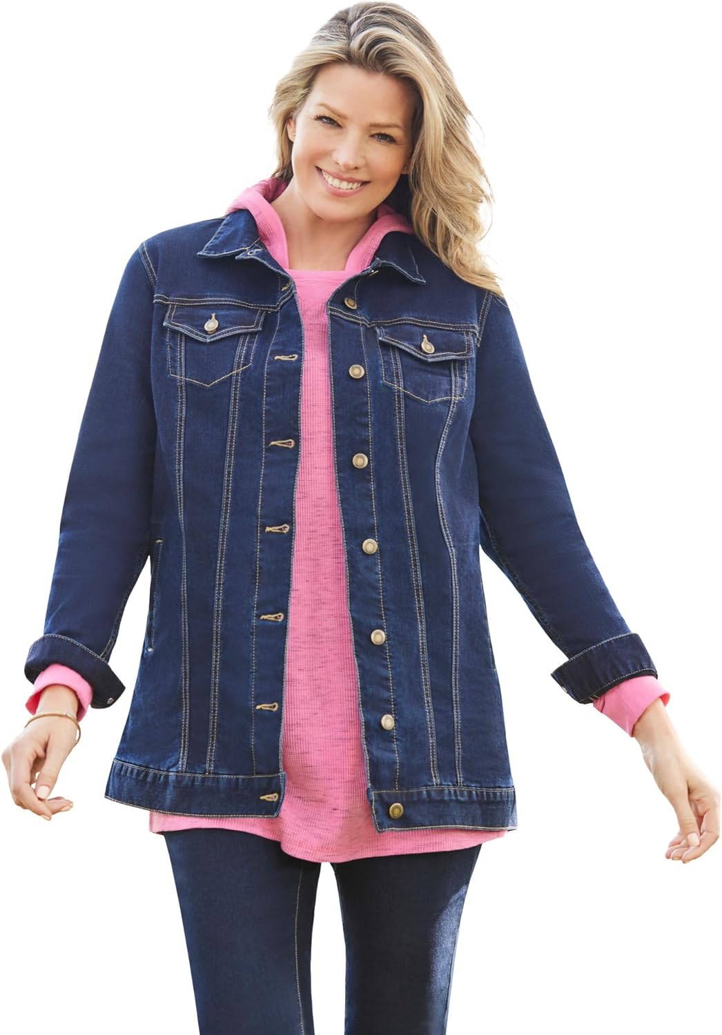 Woman Within Plus Size Long Stretch Denim Jacket Oversized Jean Jacket