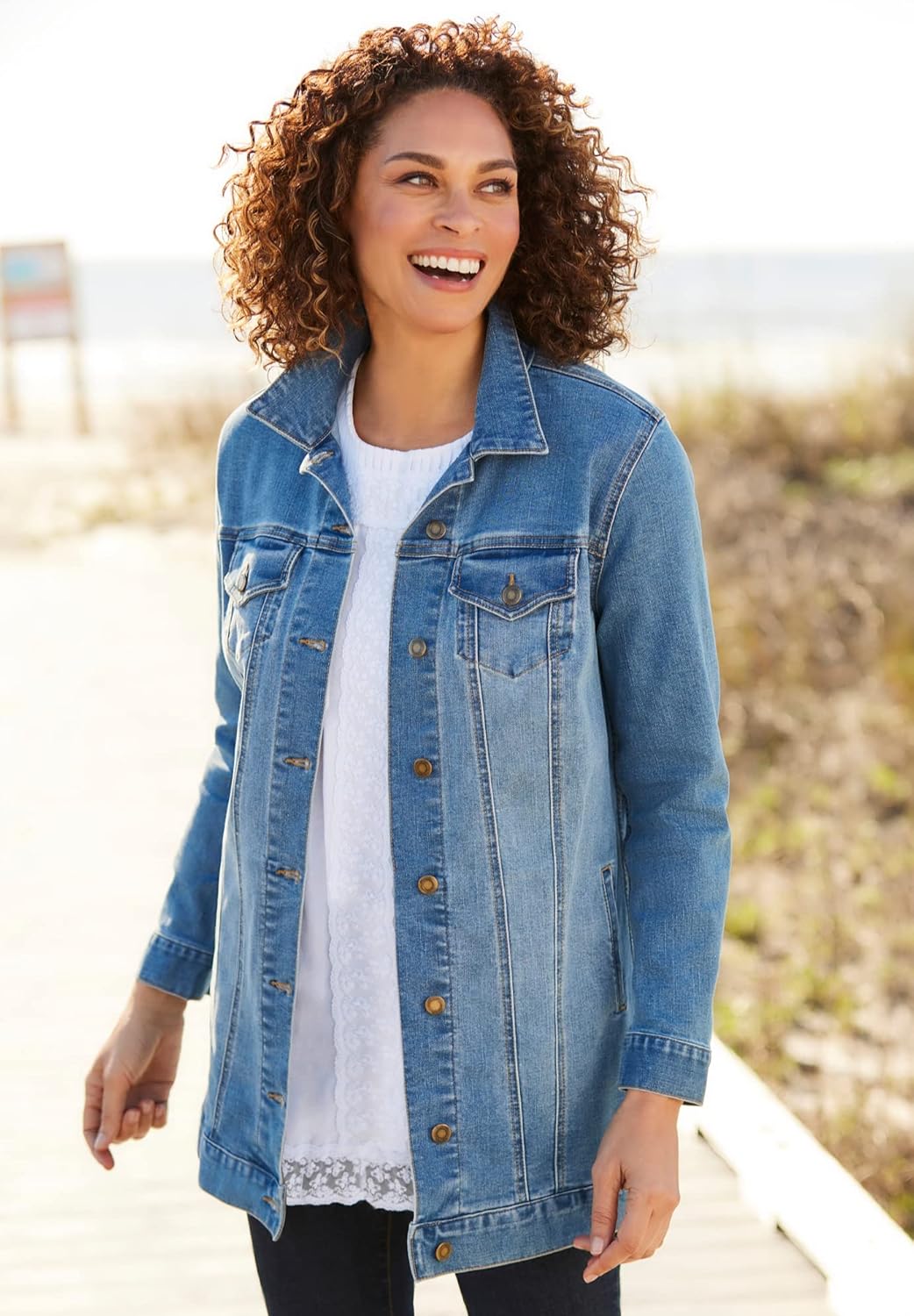 Woman Within Plus Size Long Stretch Denim Jacket Oversized Jean Jacket
