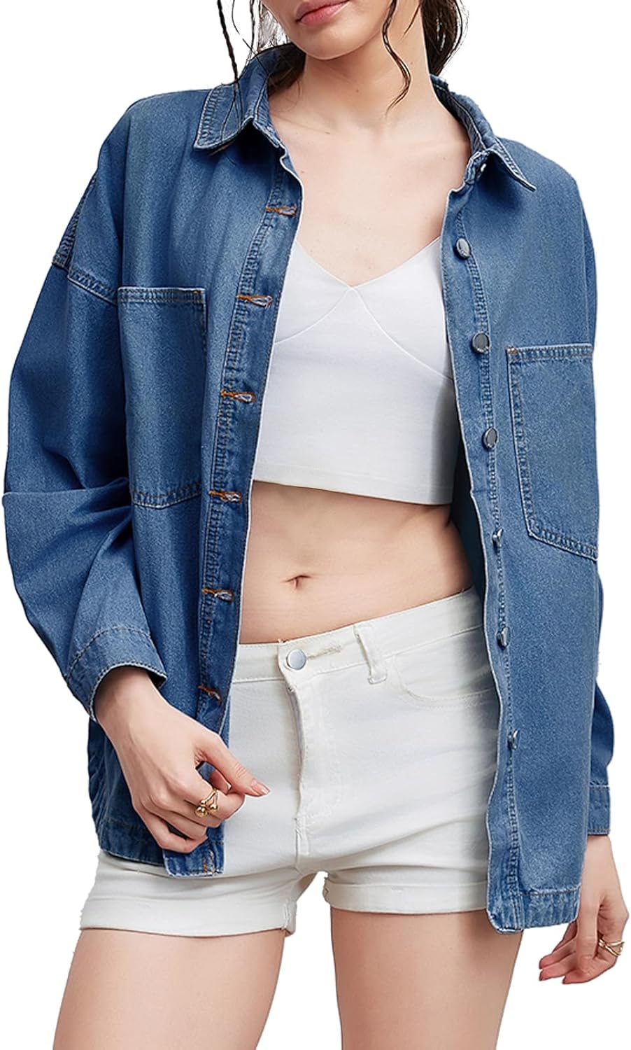 Women Denim Jacket Shacket Long Sleeve Oversize Boyfriend Jean Jacket Shirt