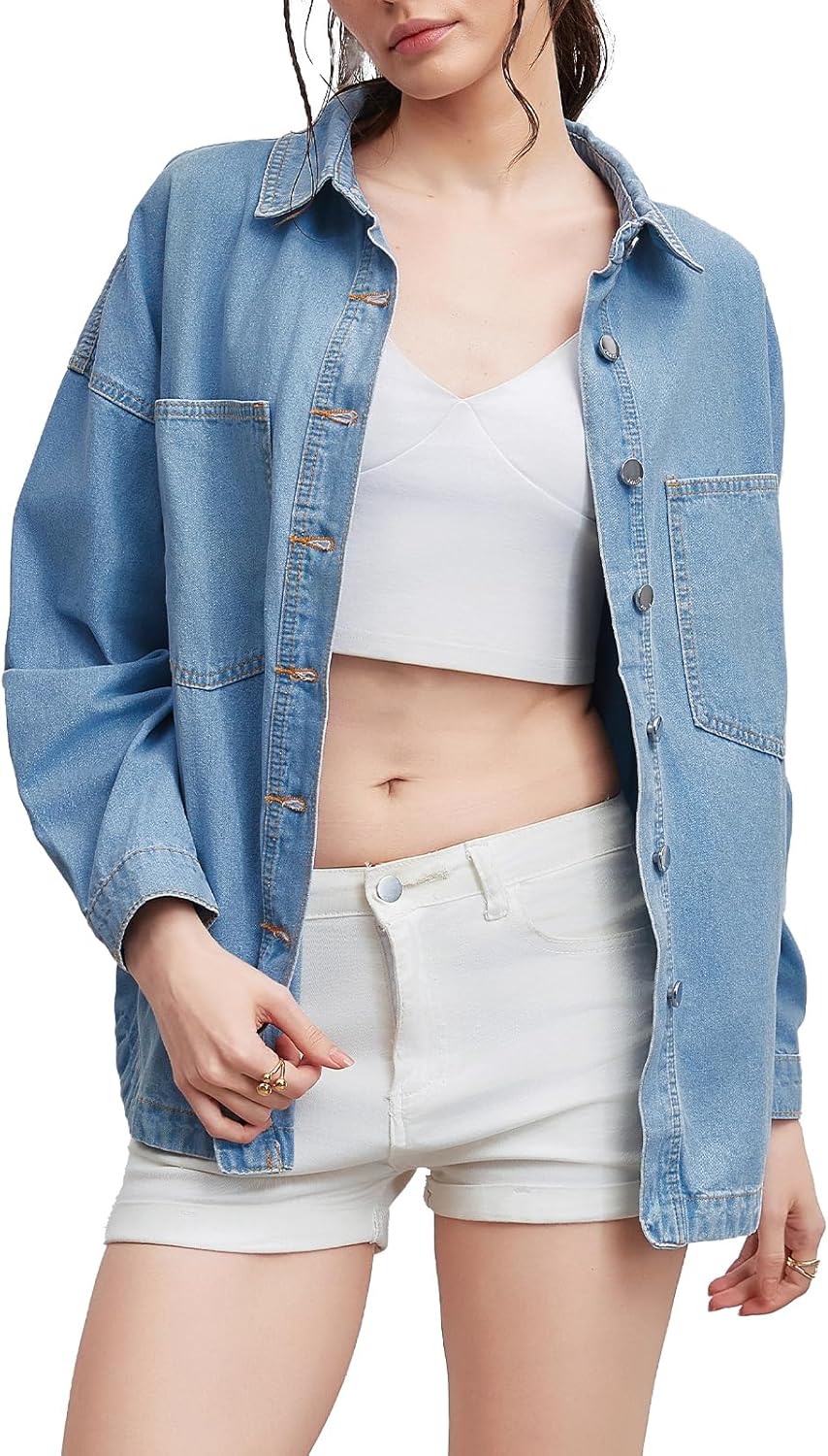 Women Denim Jacket Shacket Long Sleeve Oversize Boyfriend Jean Jacket Shirt