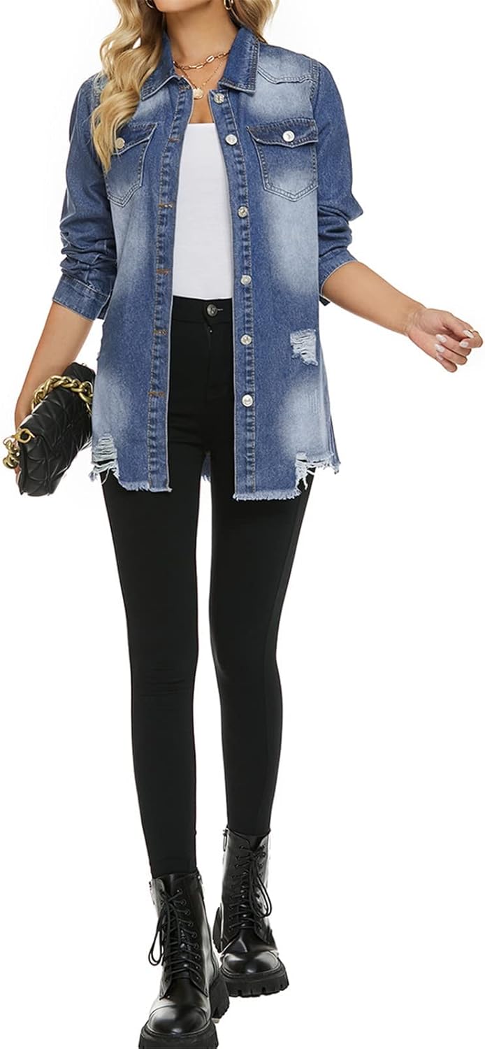 Women Denim Shirt Jacket Long Sleeve Shacket Coat Distressed Washed Ripped Frayed Hem Jean Jacket