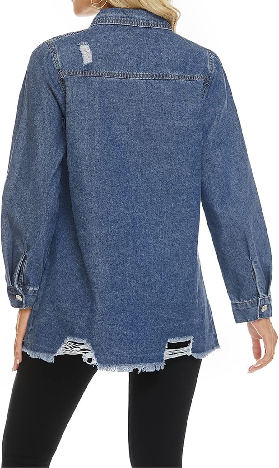 Women Denim Shirt Jacket Long Sleeve Shacket Coat Distressed Washed Ripped Frayed Hem Jean Jacket