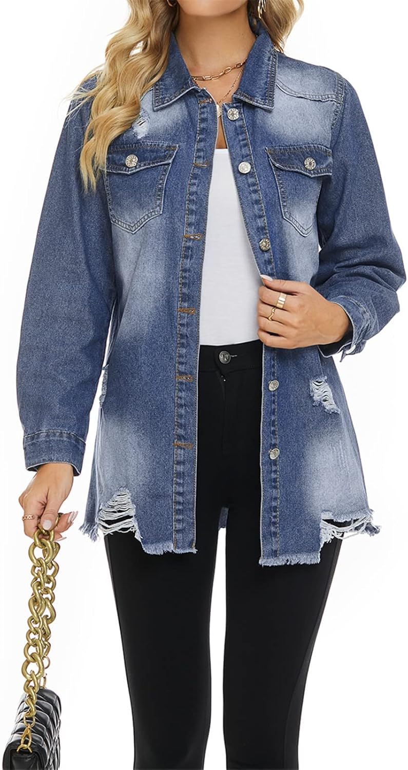 Women Denim Shirt Jacket Long Sleeve Shacket Coat Distressed Washed Ripped Frayed Hem Jean Jacket