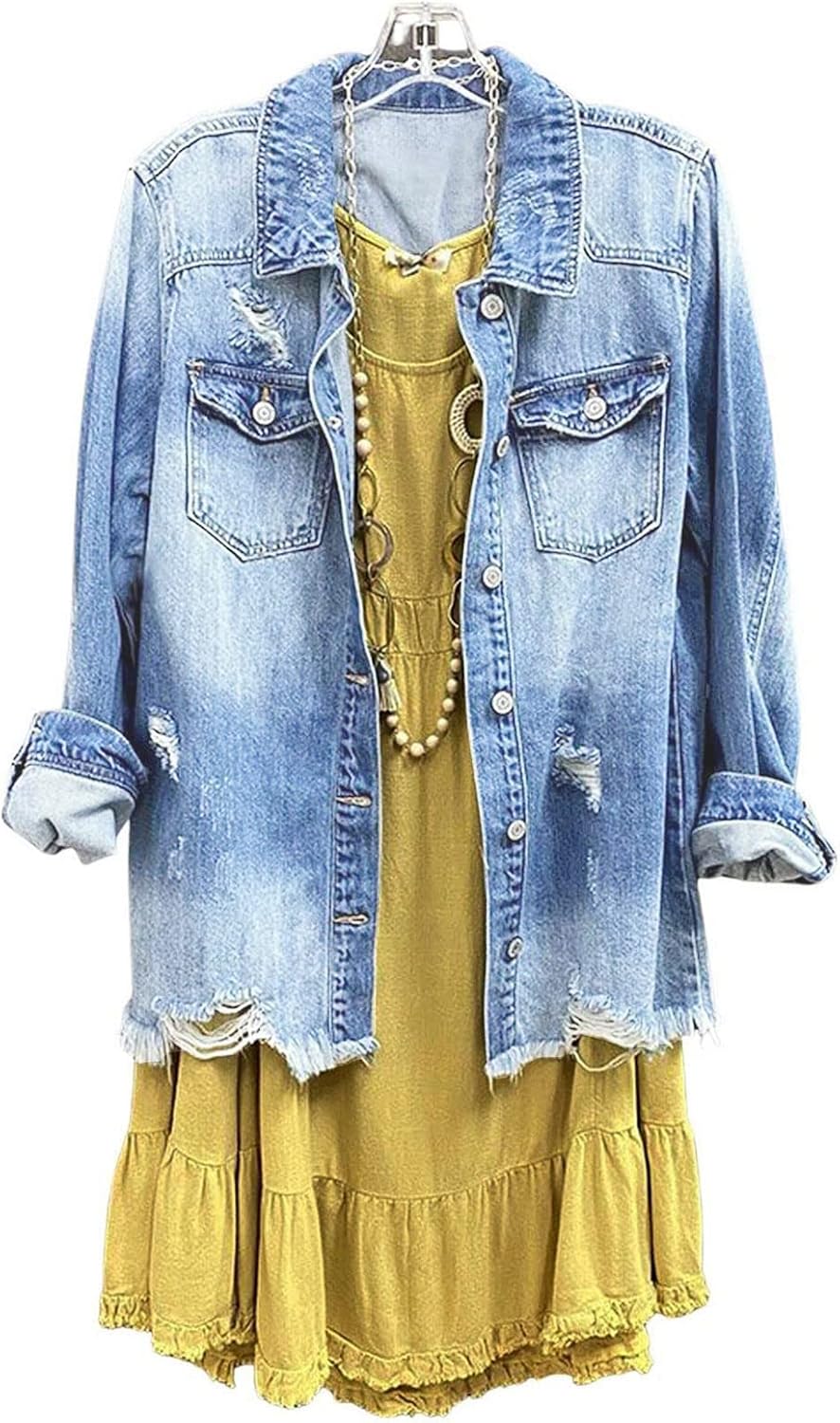 Women Denim Shirt Jacket Long Sleeve Shacket Coat Distressed Washed Ripped Frayed Hem Jean Jacket
