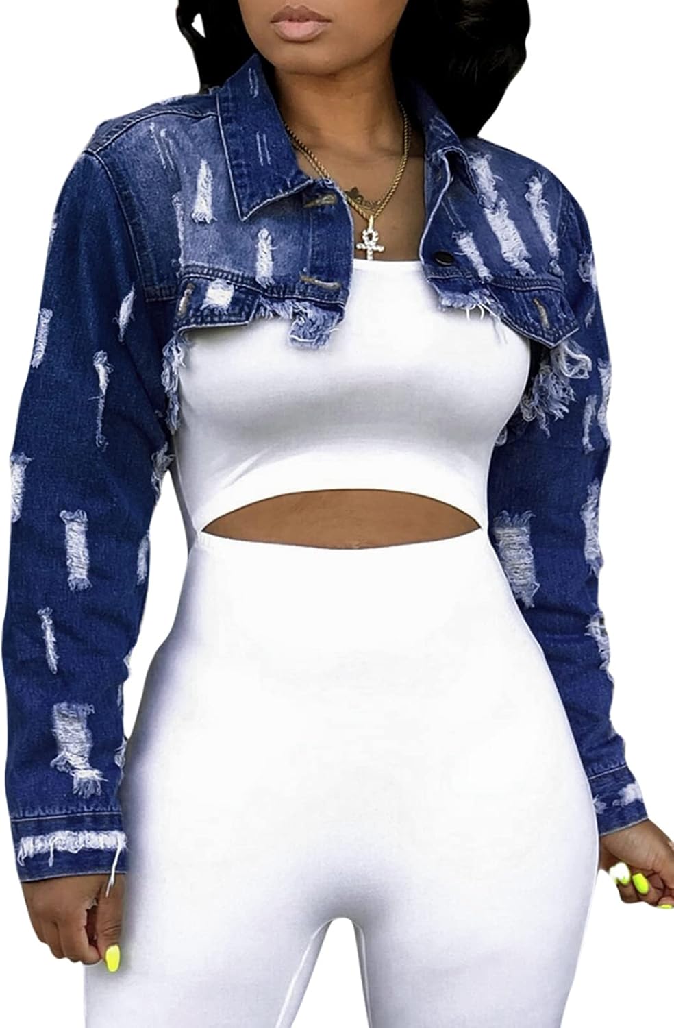 Women’s Crop Top Jean Jacket Button Down Long Sleeve Cropped Denim Jacket Coat