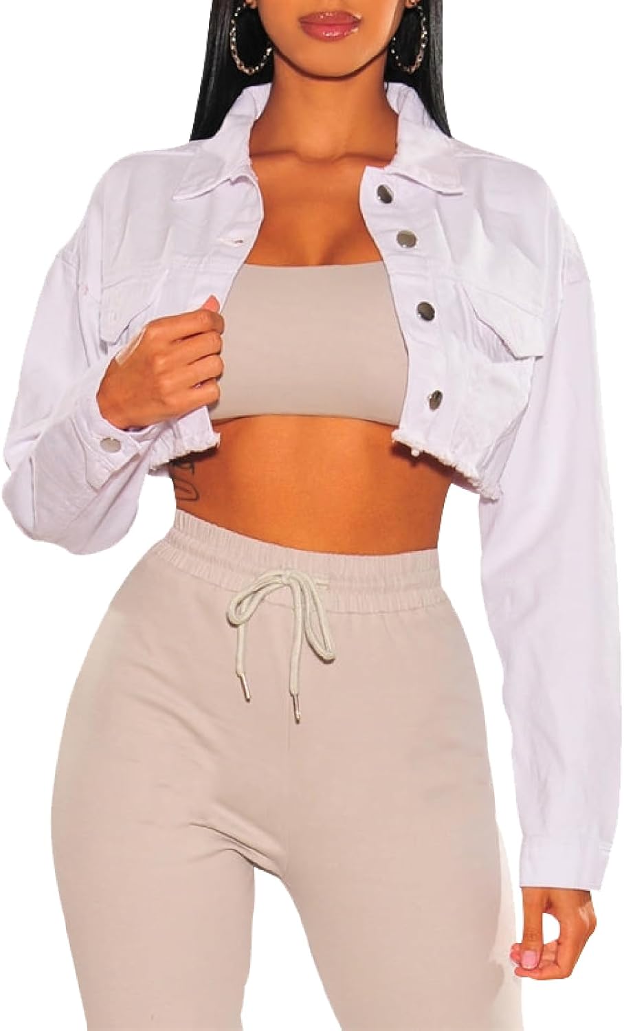 Women’s Crop Top Jean Jacket Button Down Long Sleeve Cropped Denim Jacket Coat