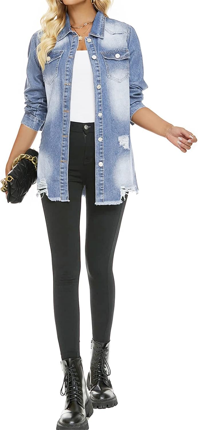 Womens Denim Ripped Distressed Button Down Mid Long Casual Jean Jackets