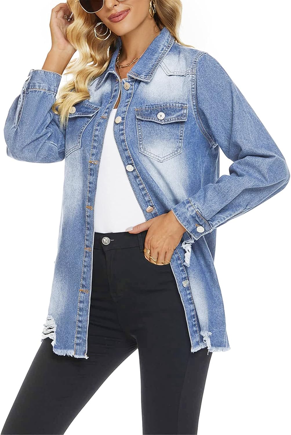 Womens Denim Ripped Distressed Button Down Mid Long Casual Jean Jackets