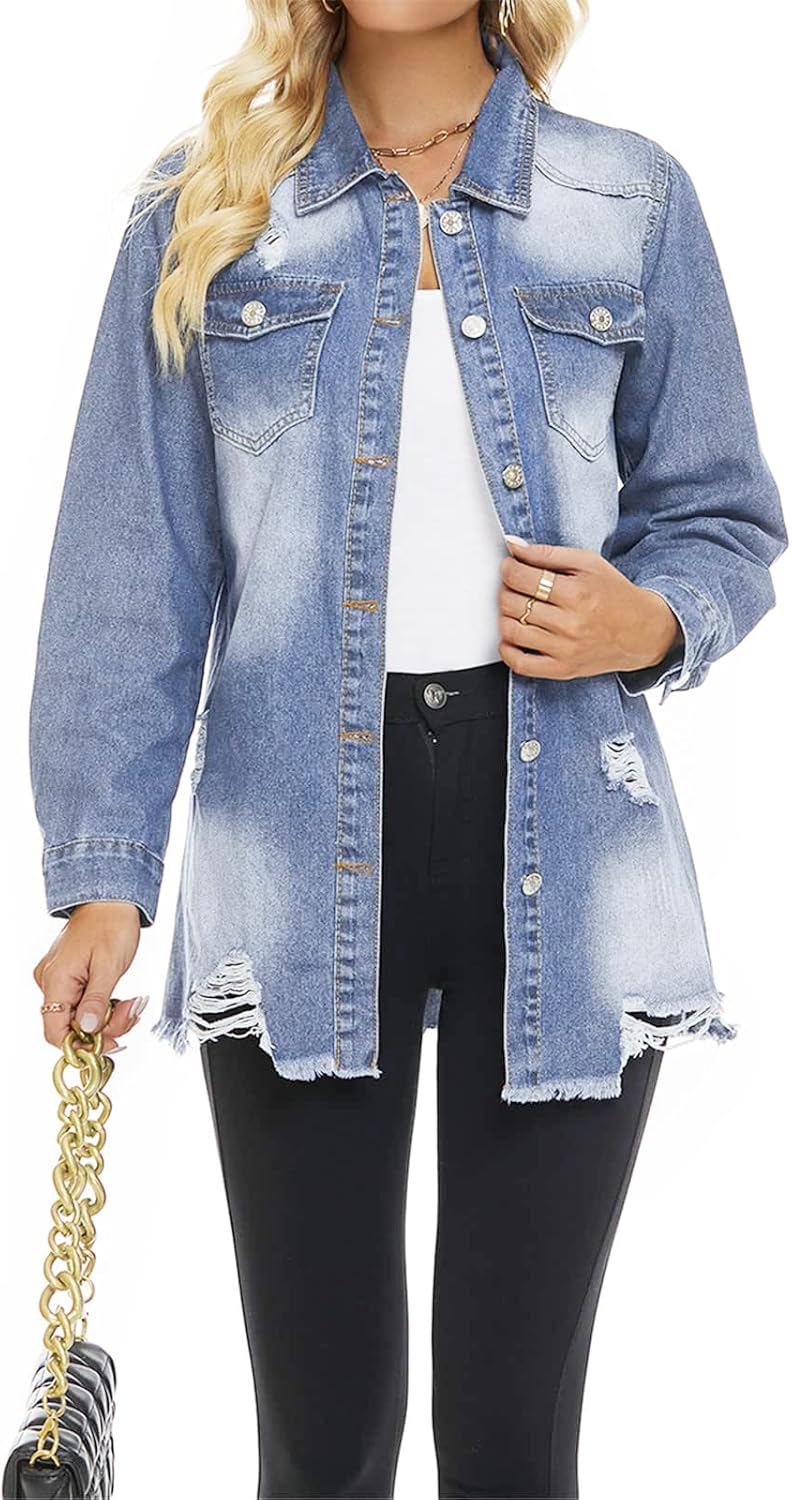 Womens Denim Ripped Distressed Button Down Mid Long Casual Jean Jackets