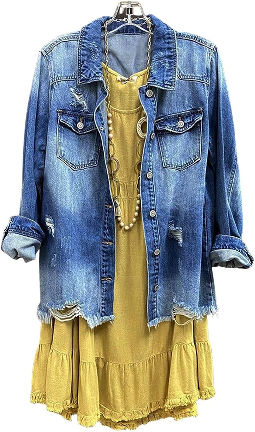 Womens Denim Ripped Distressed Button Down Mid Long Casual Jean Jackets