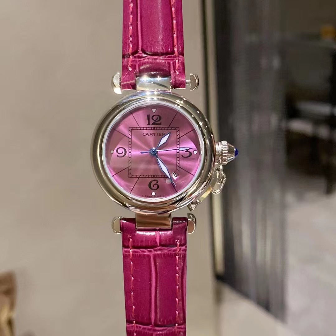 Women's Genuine Leather Quartz Watch Square Round Dial Calendar Wristwatch Pink