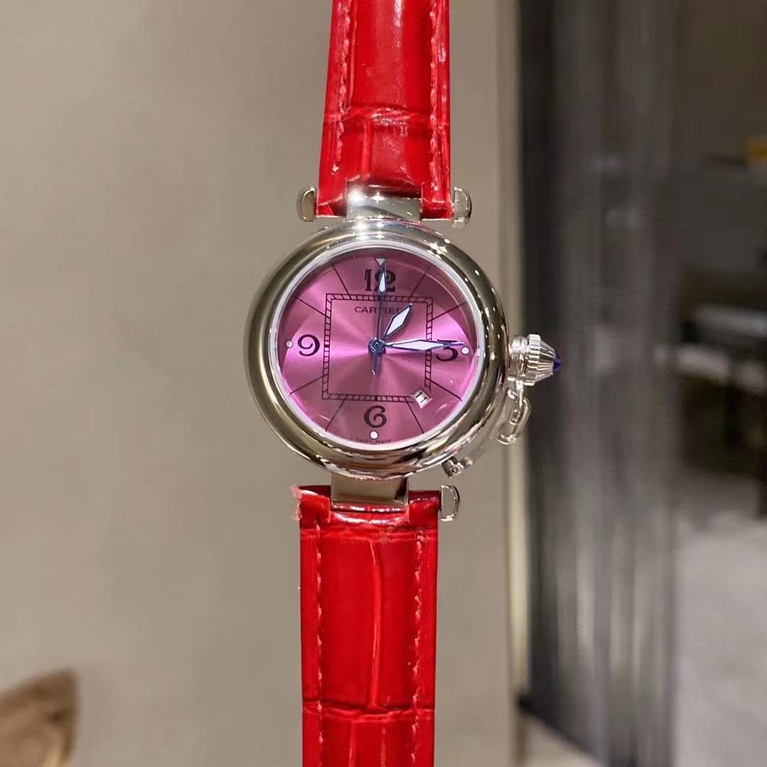 Women's Genuine Leather Quartz Watch Square Round Dial Calendar Wristwatch red wire