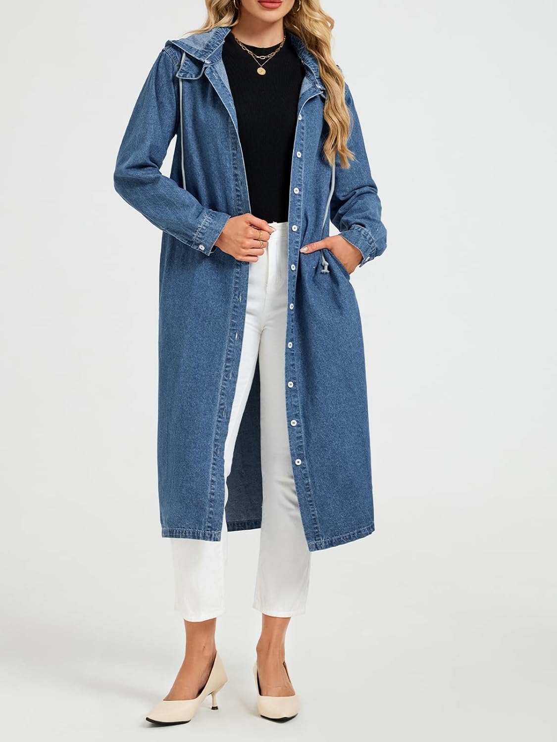 Women’s Long Denim Jackets Maxi Trench Coat Jean Jacket with Drawstring Detachable Hoodie