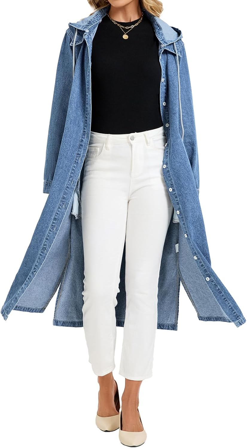Women’s Long Denim Jackets Maxi Trench Coat Jean Jacket with Drawstring Detachable Hoodie
