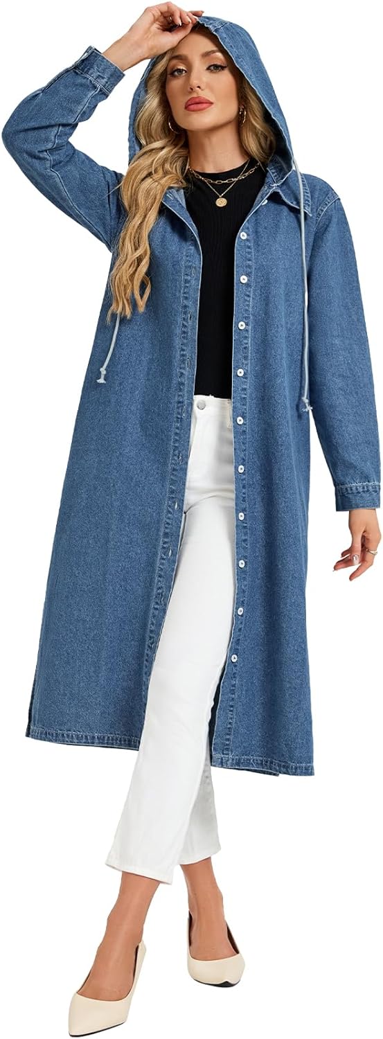 Women’s Long Denim Jackets Maxi Trench Coat Jean Jacket with Drawstring Detachable Hoodie