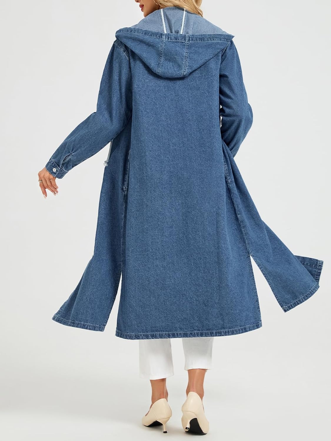 Women’s Long Denim Jackets Maxi Trench Coat Jean Jacket with Drawstring Detachable Hoodie