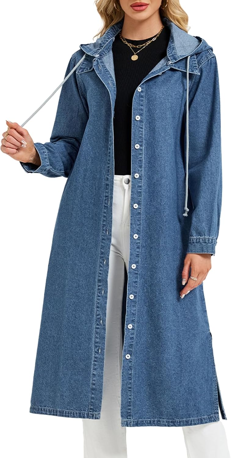 Women’s Long Denim Jackets Maxi Trench Coat Jean Jacket with Drawstring Detachable Hoodie