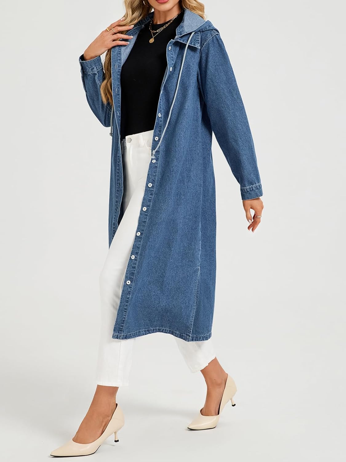 Women’s Long Denim Jackets Maxi Trench Coat Jean Jacket with Drawstring Detachable Hoodie