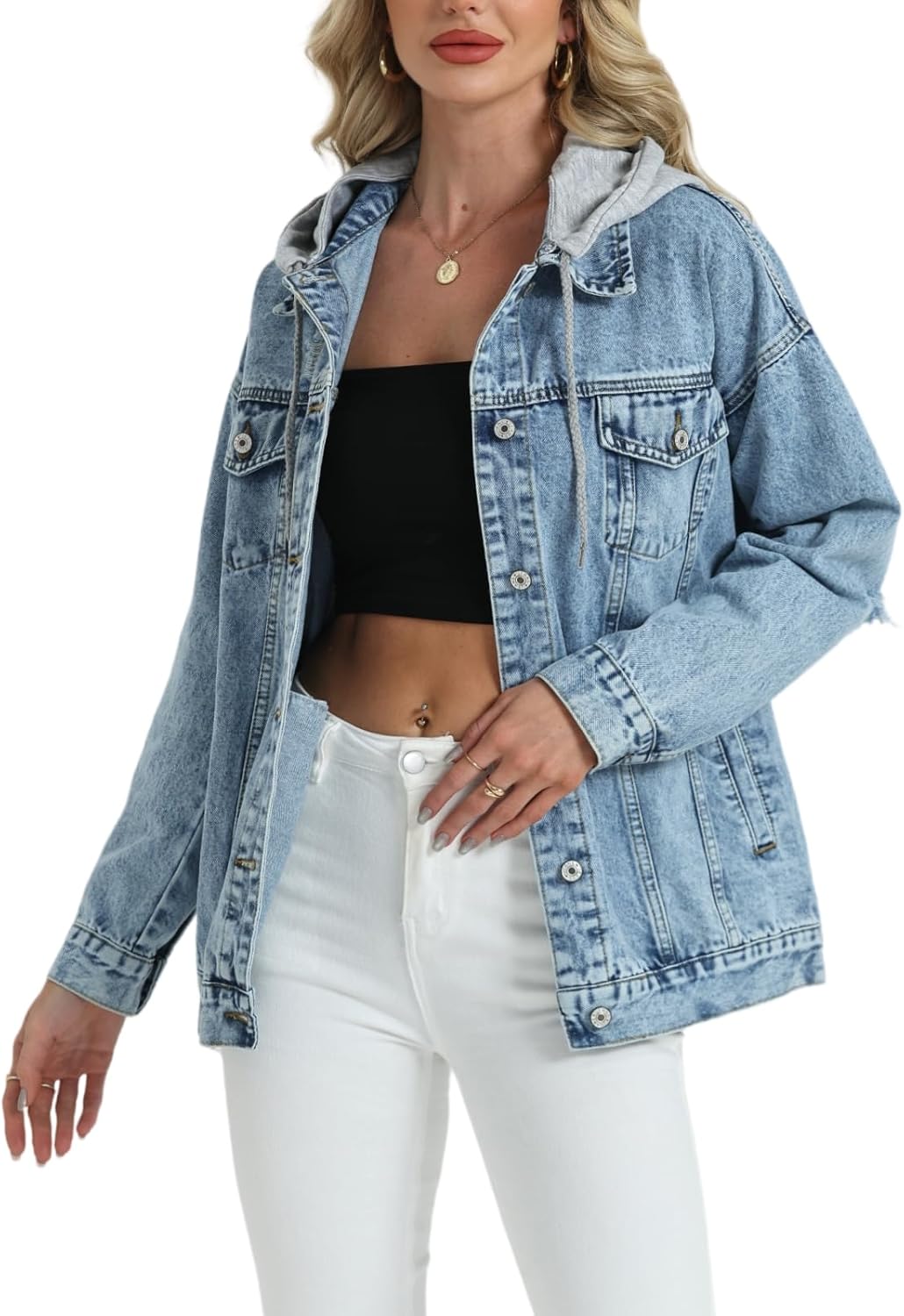 Women’s Oversized Denim Jacket Long Distressed Ripped Trucker Jean Jackets Coat With Detachable Hood