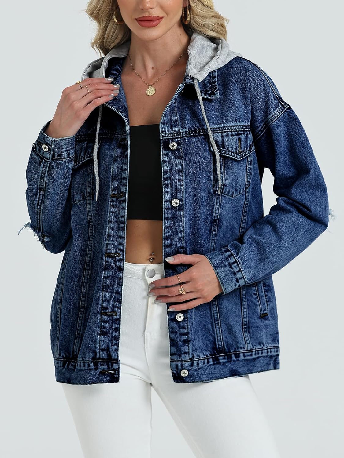 Women’s Oversized Denim Jacket Long Distressed Ripped Trucker Jean Jackets Coat With Detachable Hood