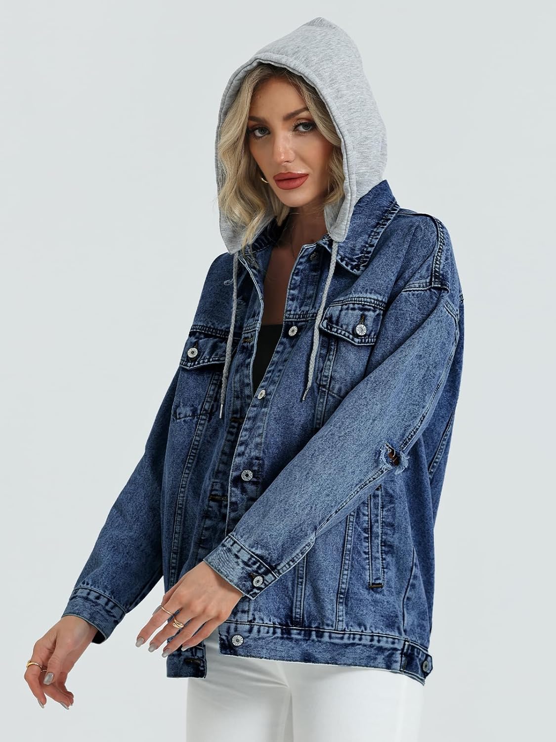 Women’s Oversized Denim Jacket Long Distressed Ripped Trucker Jean Jackets Coat With Detachable Hood