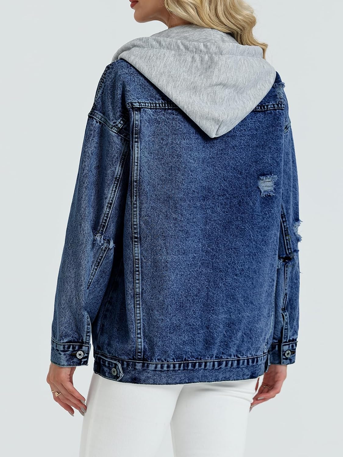 Women’s Oversized Denim Jacket Long Distressed Ripped Trucker Jean Jackets Coat With Detachable Hood