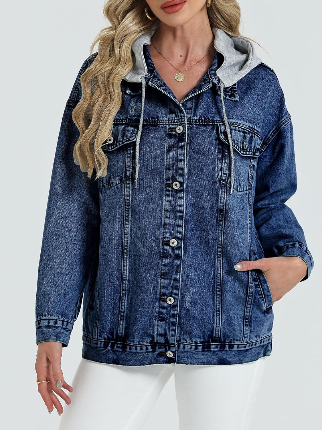 Women’s Oversized Denim Jacket Long Distressed Ripped Trucker Jean Jackets Coat With Detachable Hood
