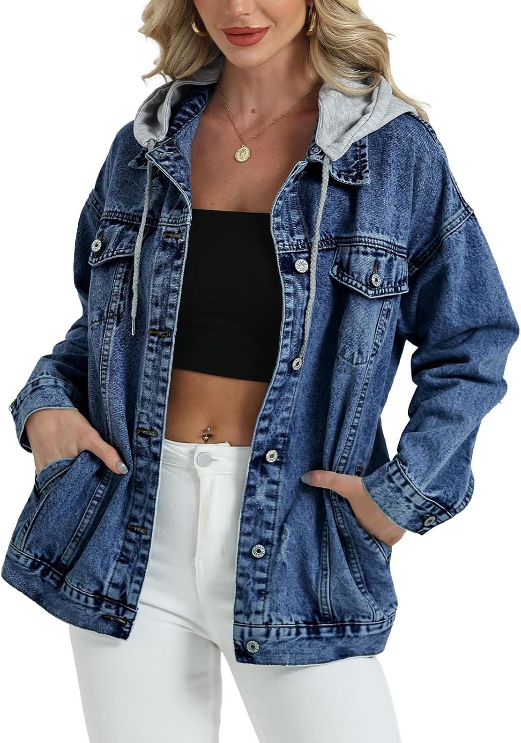 Women’s Oversized Denim Jacket Long Distressed Ripped Trucker Jean Jackets Coat With Detachable Hood