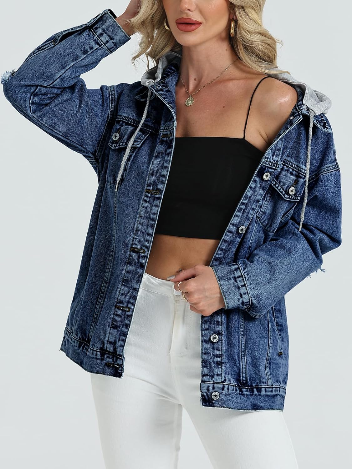 Women’s Oversized Denim Jacket Long Distressed Ripped Trucker Jean Jackets Coat With Detachable Hood