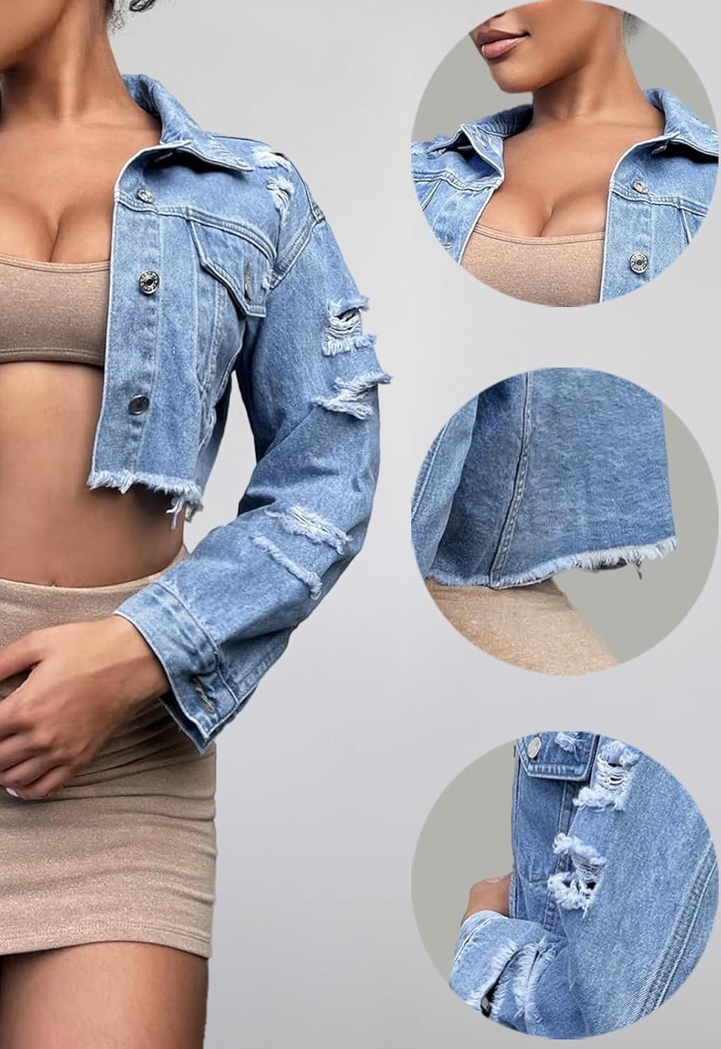 Women’s Ripped Short Jean Jacket frayed Casual Denim Jacket Tops