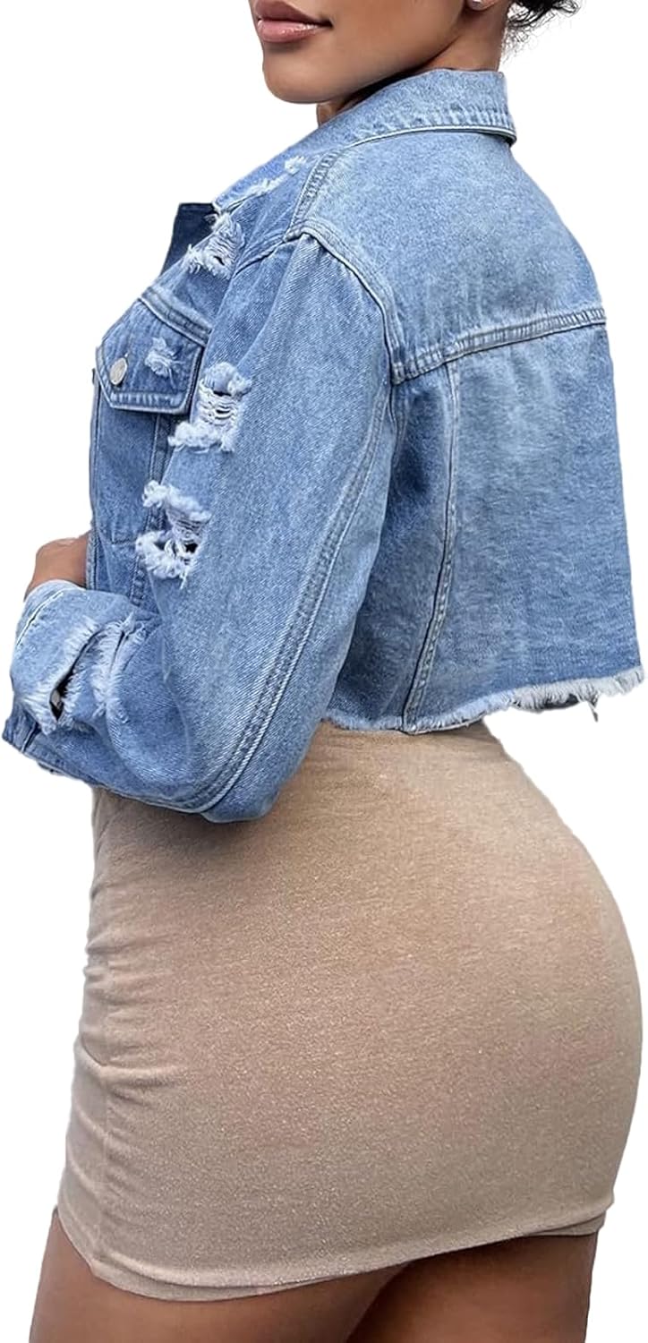 Women’s Ripped Short Jean Jacket frayed Casual Denim Jacket Tops