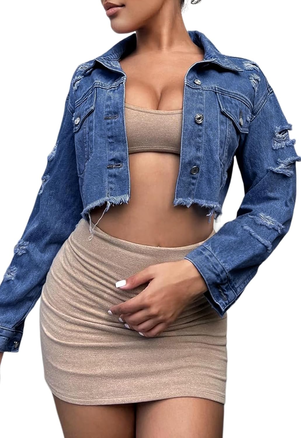 Women’s Ripped Short Jean Jacket frayed Casual Denim Jacket Tops