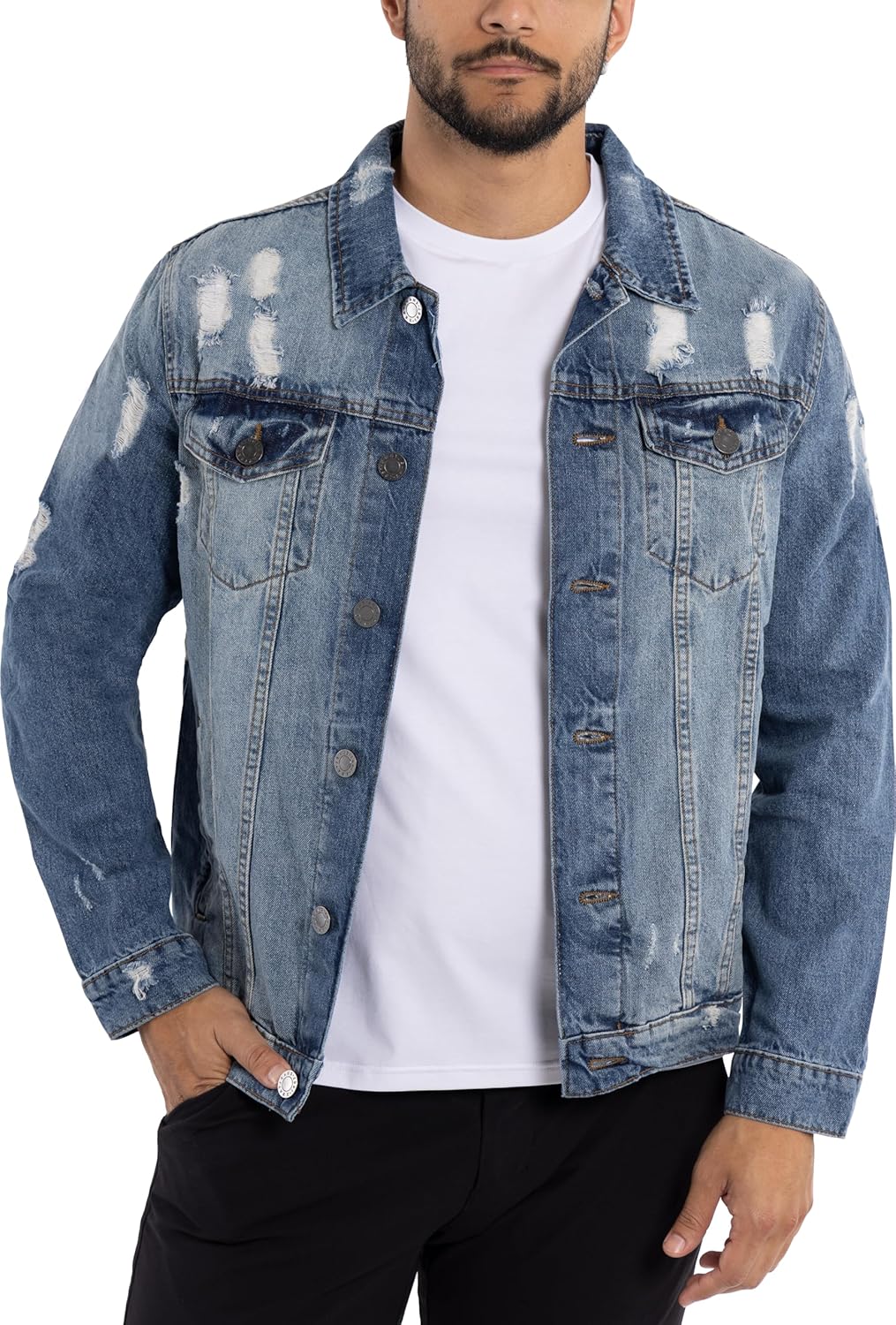 X RAY Mens Denim Jacket, Washed Ripped Distressed Flex Stretch Casual Trucker Biker Jeans Jacket for Men