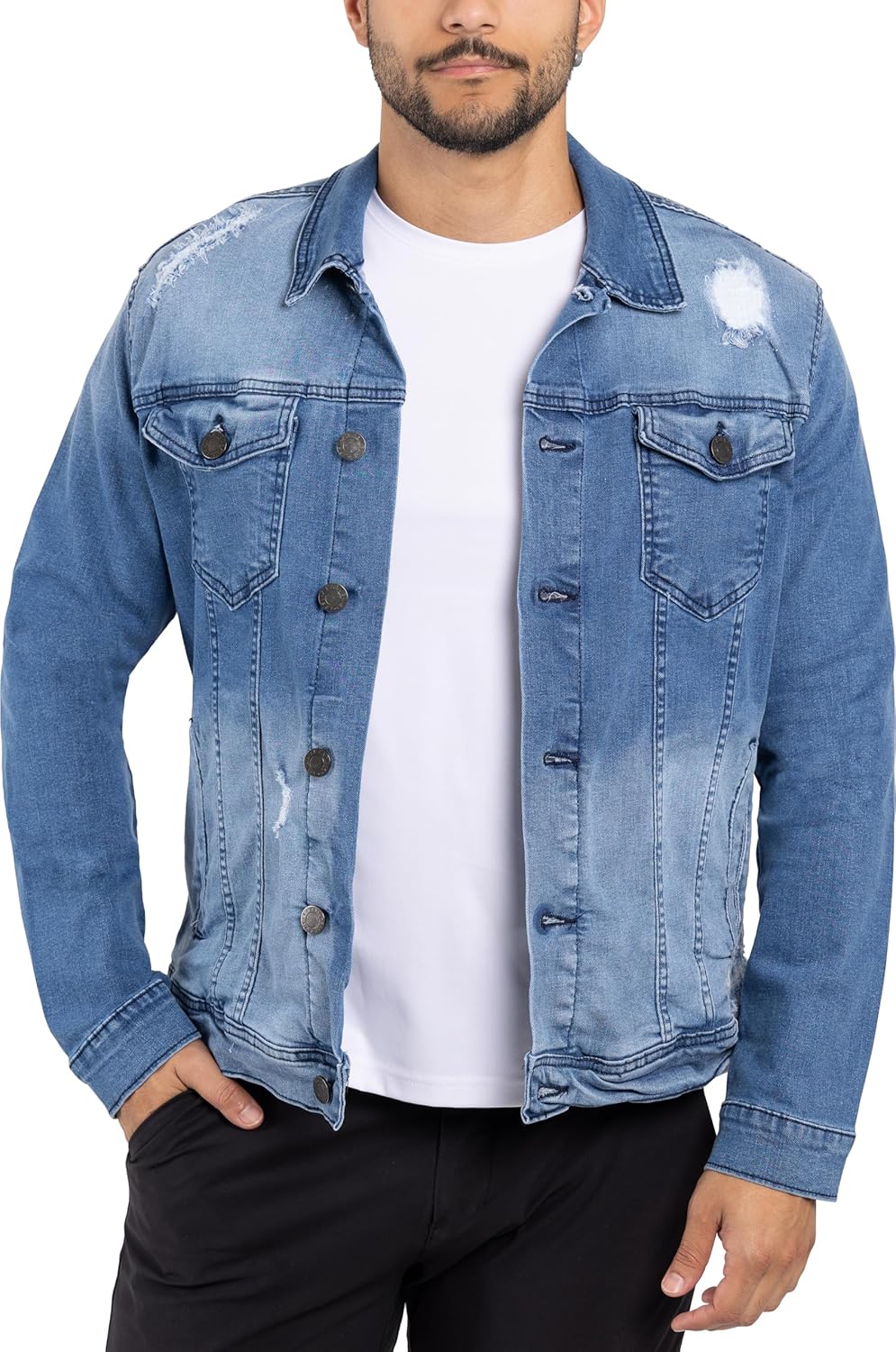 X RAY Mens Denim Jacket, Washed Ripped Distressed Flex Stretch Casual Trucker Biker Jeans Jacket for Men