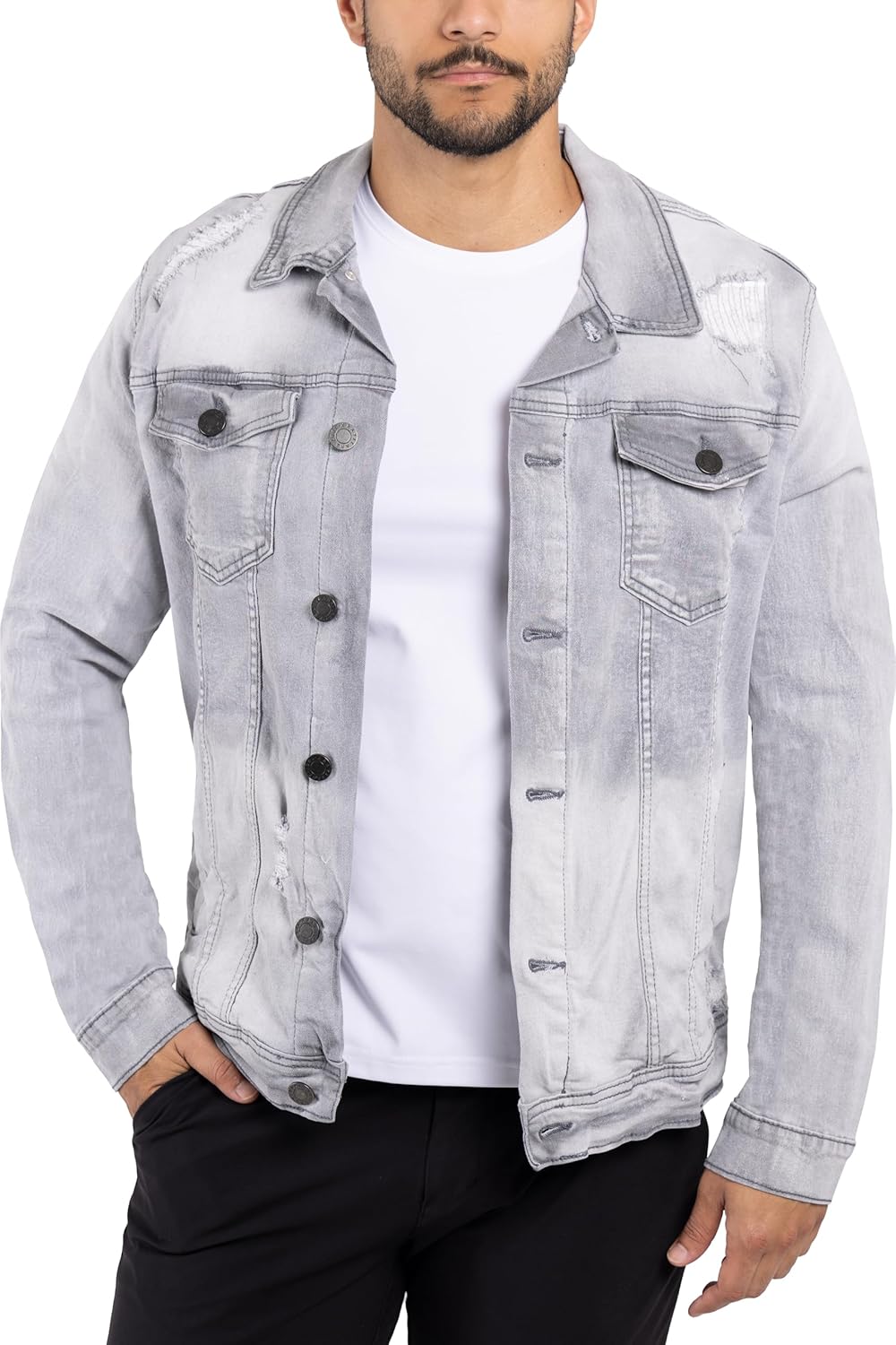 X RAY Mens Denim Jacket, Washed Ripped Distressed Flex Stretch Casual Trucker Biker Jeans Jacket for Men