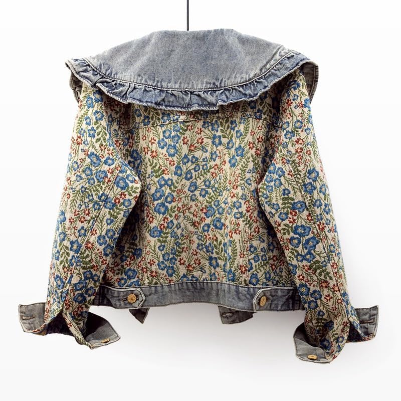 Xaspee Womens Peter Pan Collar Cropped Jean Jacket Embroidered Jacquard Long Sleeve Casual Floral Denim Jackets Coat