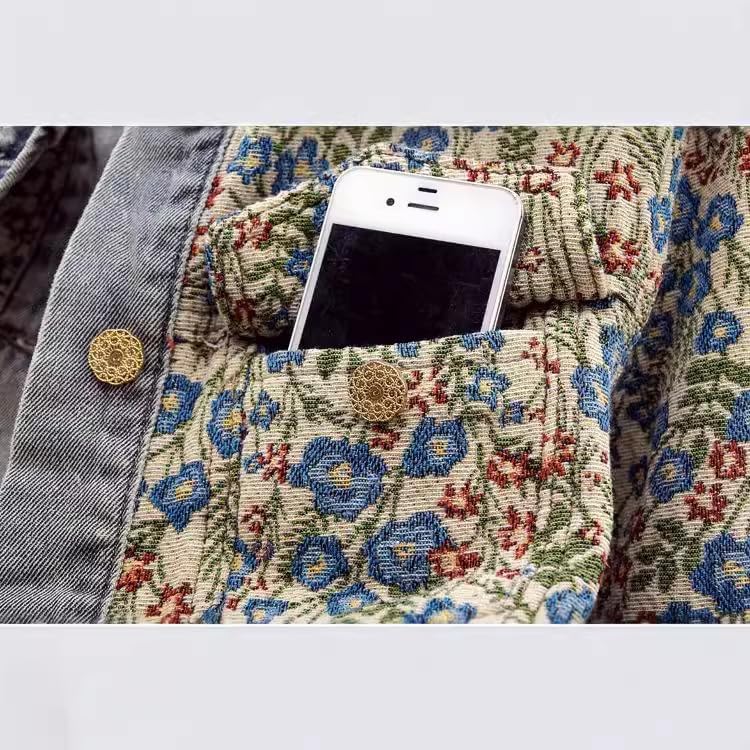 Xaspee Womens Peter Pan Collar Cropped Jean Jacket Embroidered Jacquard Long Sleeve Casual Floral Denim Jackets Coat