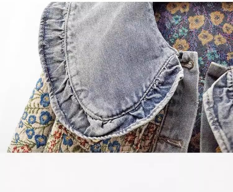 Xaspee Womens Peter Pan Collar Cropped Jean Jacket Embroidered Jacquard Long Sleeve Casual Floral Denim Jackets Coat