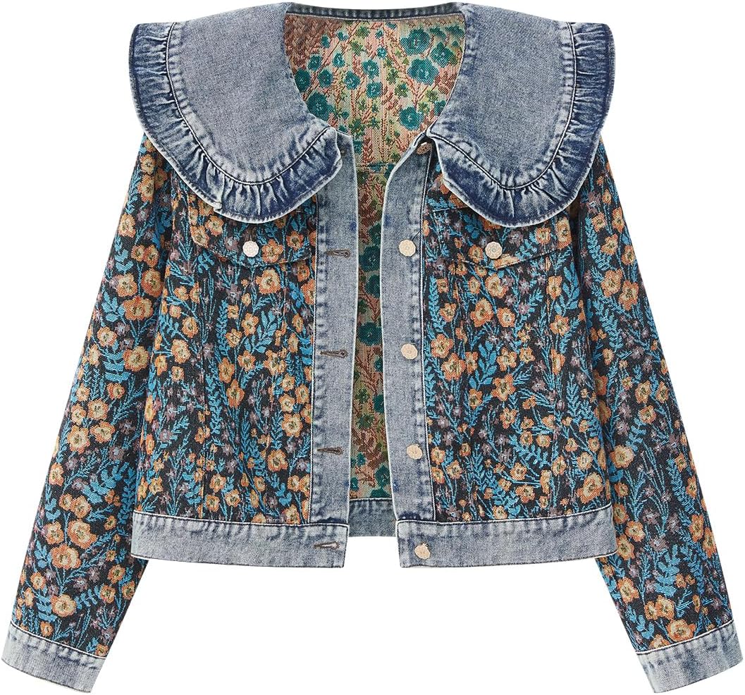 Xaspee Womens Peter Pan Collar Cropped Jean Jacket Embroidered Jacquard Long Sleeve Casual Floral Denim Jackets Coat