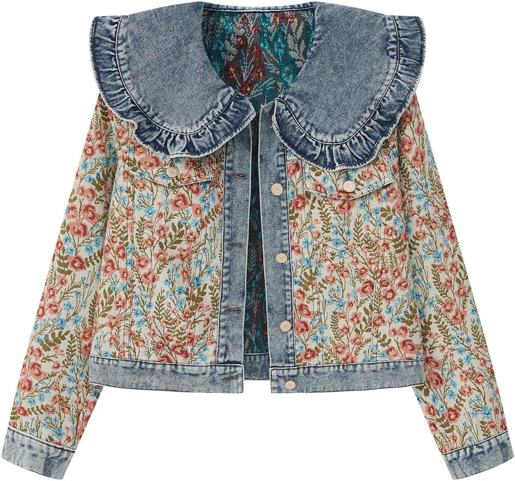 Xaspee Womens Peter Pan Collar Cropped Jean Jacket Embroidered Jacquard Long Sleeve Casual Floral Denim Jackets Coat