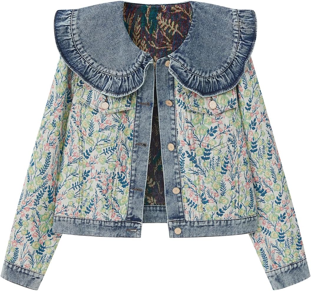 Xaspee Womens Peter Pan Collar Cropped Jean Jacket Embroidered Jacquard Long Sleeve Casual Floral Denim Jackets Coat
