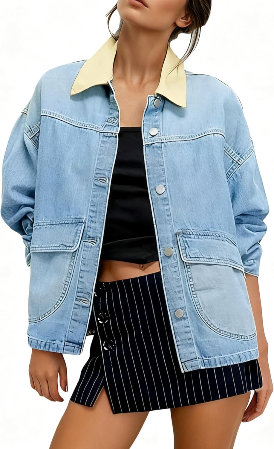 Yeokou Women Oversize Denim Jacket Casual Button Down Jean Coat Long Sleeve Shacket Outfit with Pockets