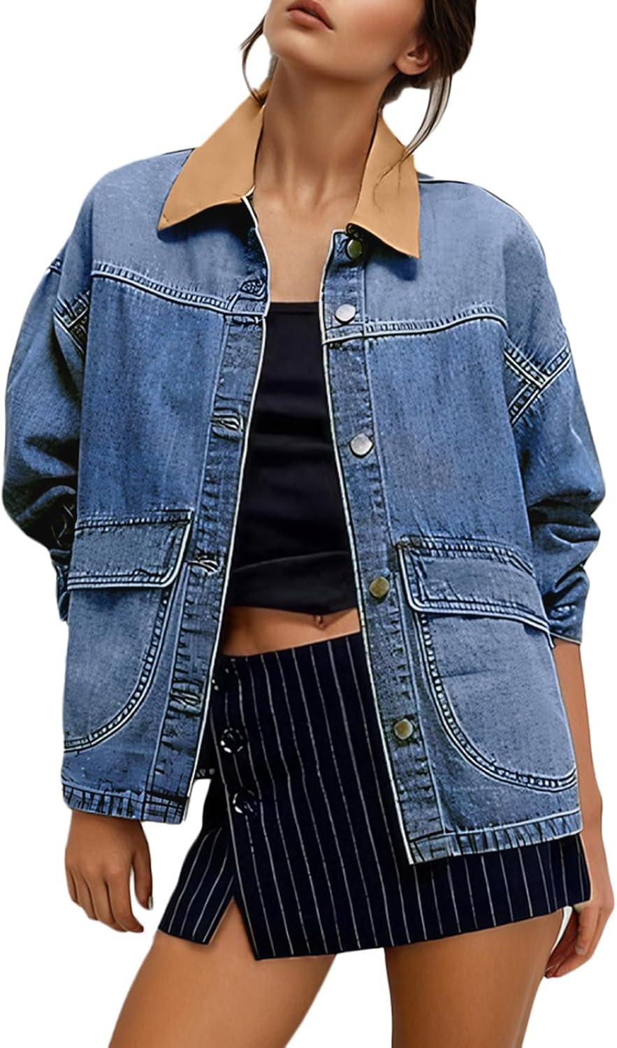Yeokou Women Oversize Denim Jacket Casual Button Down Jean Coat Long Sleeve Shacket Outfit with Pockets