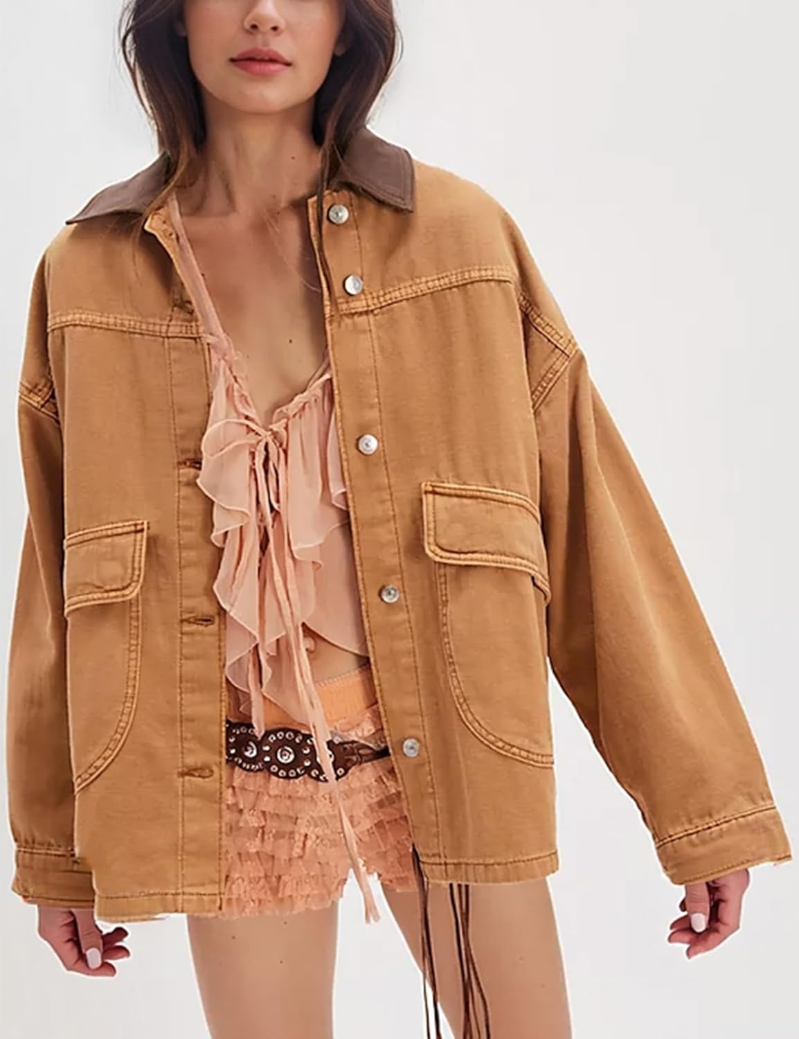 Yeokou Women Oversize Denim Jacket Casual Button Down Jean Coat Long Sleeve Shacket Outfit with Pockets