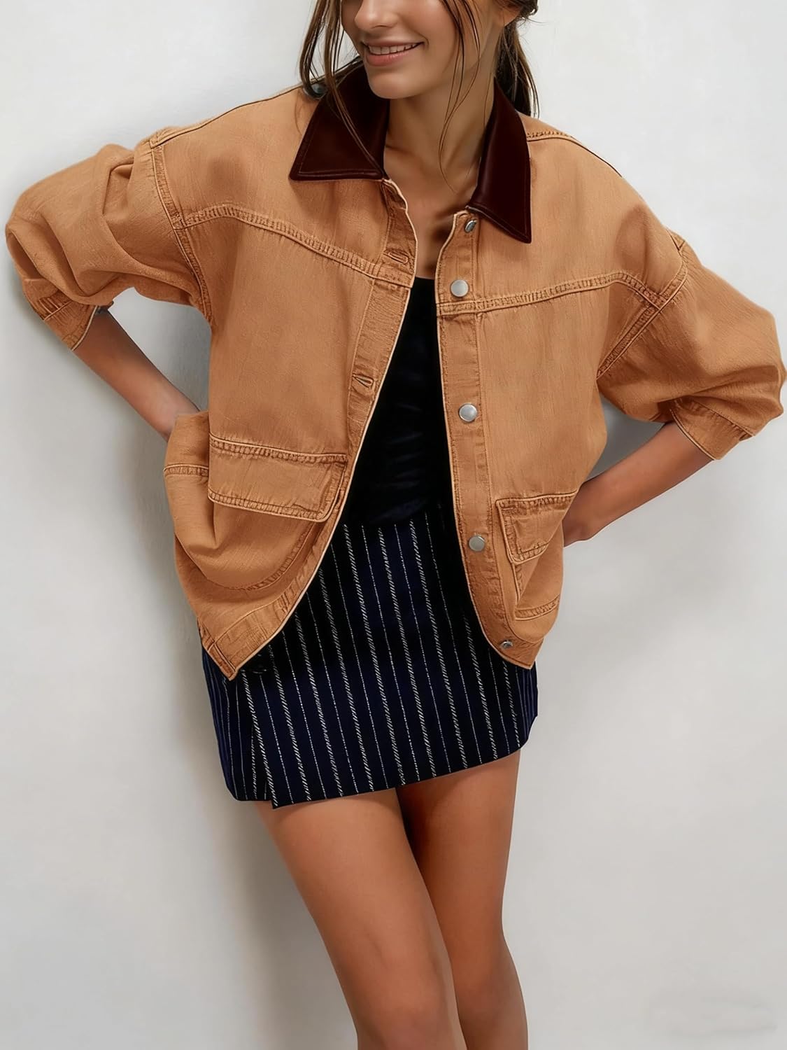 Yeokou Women Oversize Denim Jacket Casual Button Down Jean Coat Long Sleeve Shacket Outfit with Pockets